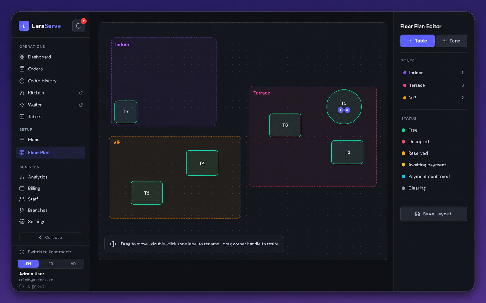 Real LaraServe floor plan editor screenshot